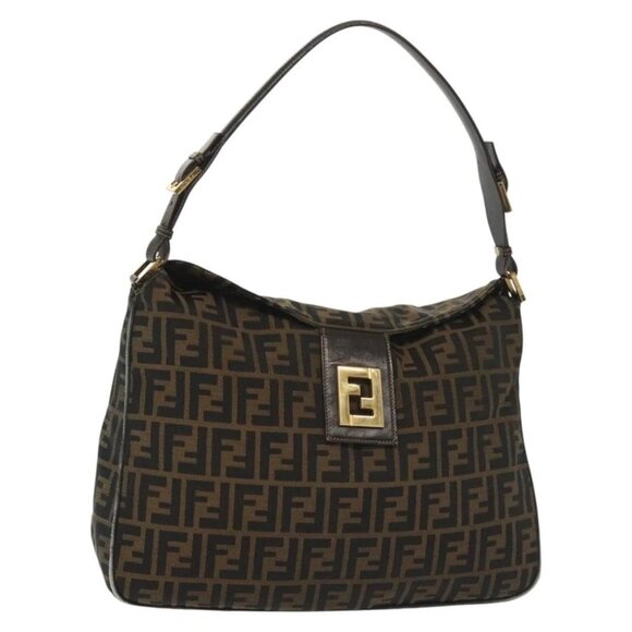 FENDI Zucca Canvas Shoulder Bag Black Brown gold Auth 141407 - Picture 2 of 16
